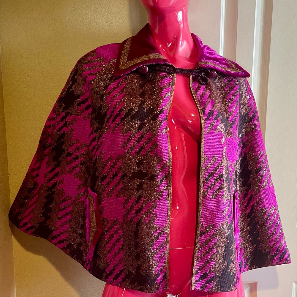Ana Sui Cape—rich magenta metallic plaid with velvety collar, faux pockets.
